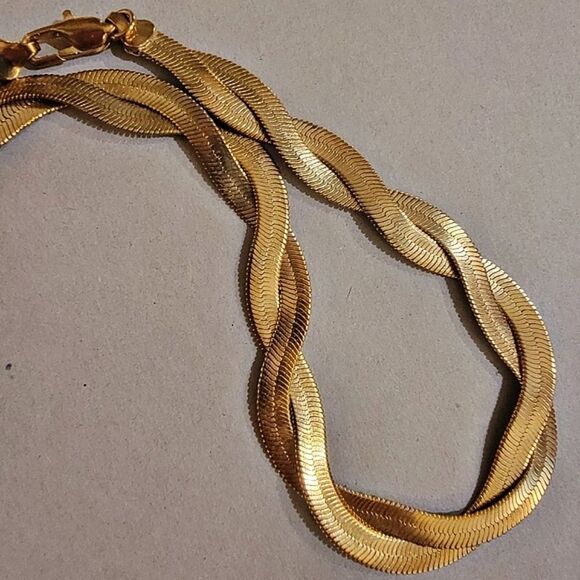 #Vintage Gold Tone #Herringbone Double Twist Layered Choker Necklace Never Worn - Picture 5 of 8